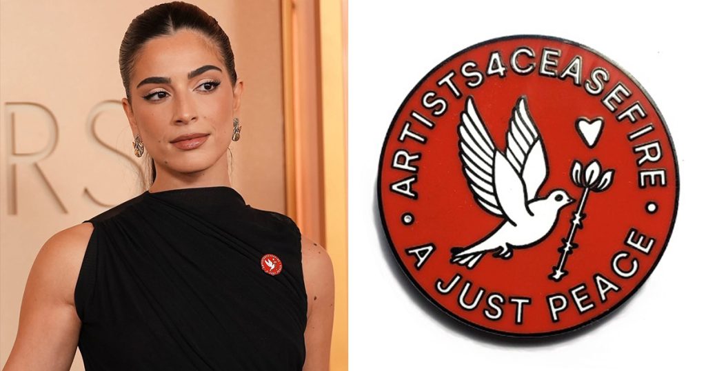 Celebrities Display Shepard Fairey’s Artists4Ceasefire Pin During the Oscars