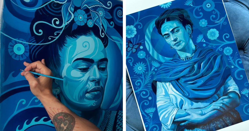 “Monochromatic Artwork of Frida Kahlo: A Profound Azure Representation of Her Emotional Essence”