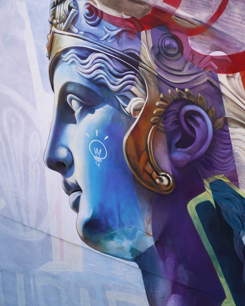 PichiAvo’s “Athena Sporting a Mohawk”: Mural Artwork Showcasing Helmet and Handstyle in Athens, Greece