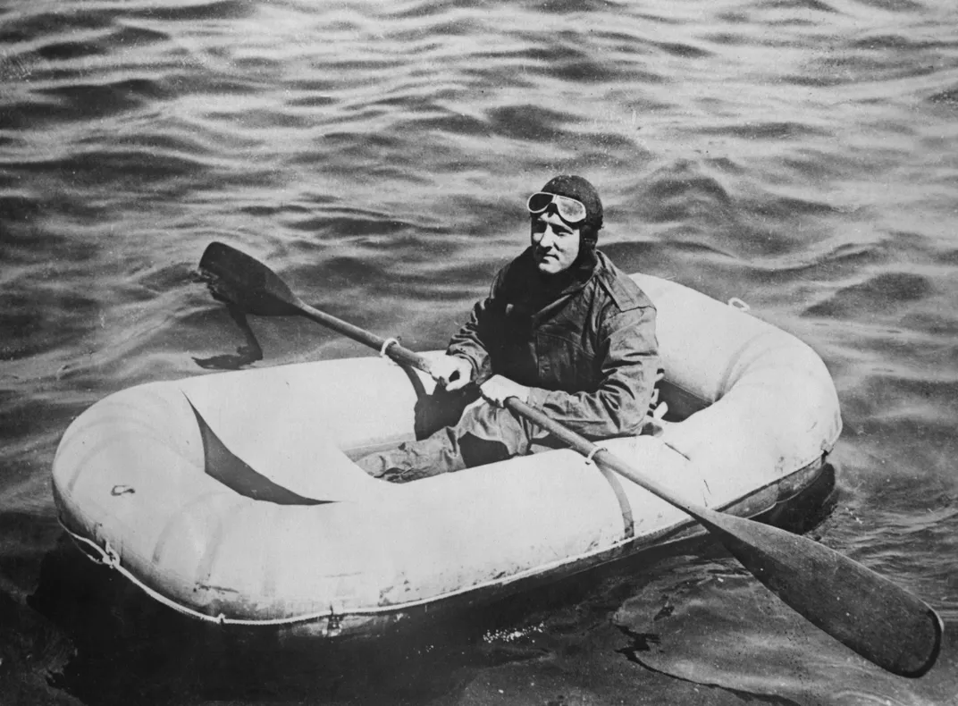 Byrd testing a rubber dinghy in Washington, D.C. before his Arctic expedition, circa 1925