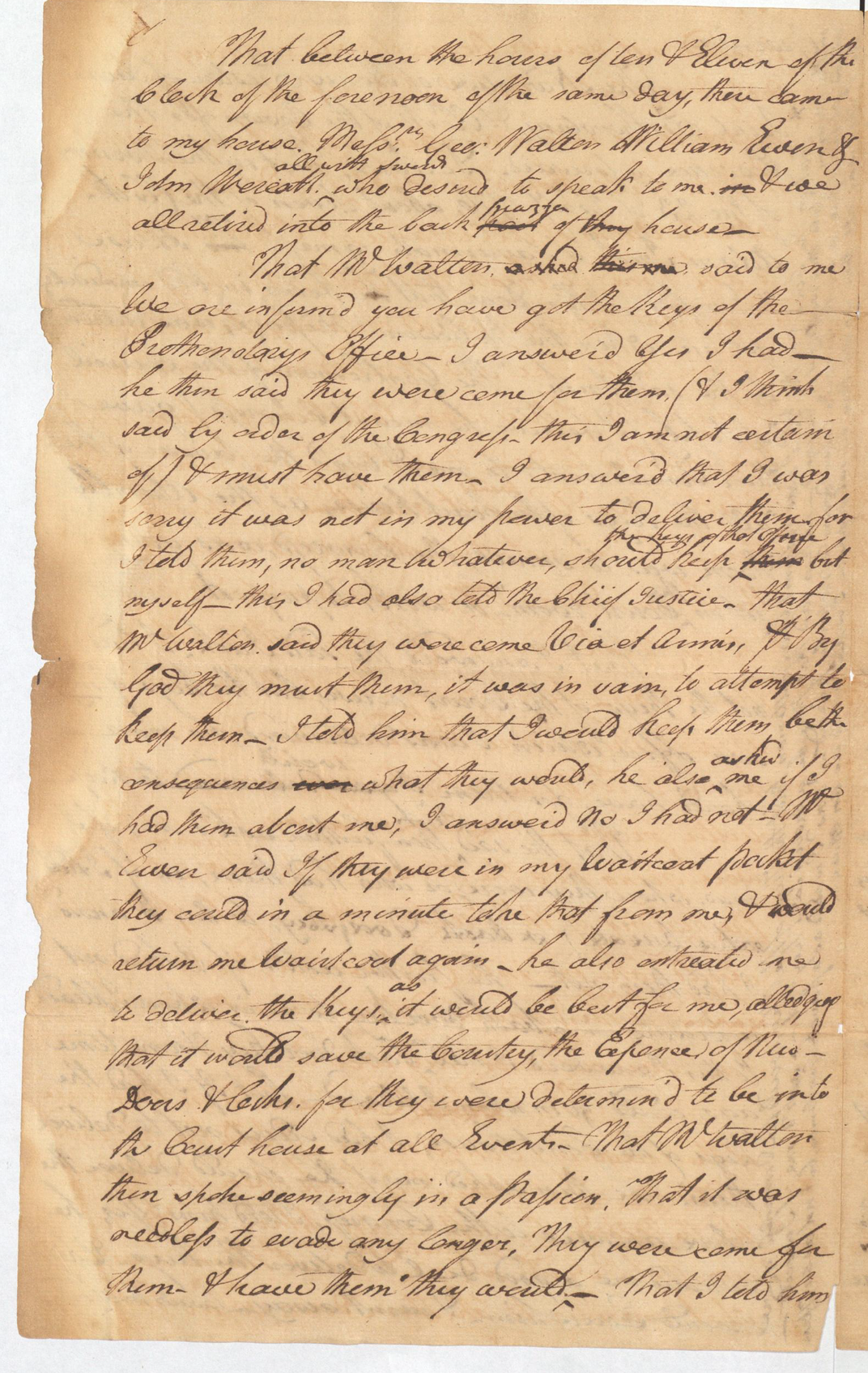 A page from Henry Preston's account of&nbsp;the “keys of the courthouse being demanded and the records taken away”